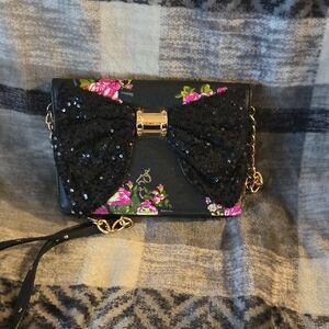 Betsey Johnson Black Sequin Bow Floral Crossbody Bag